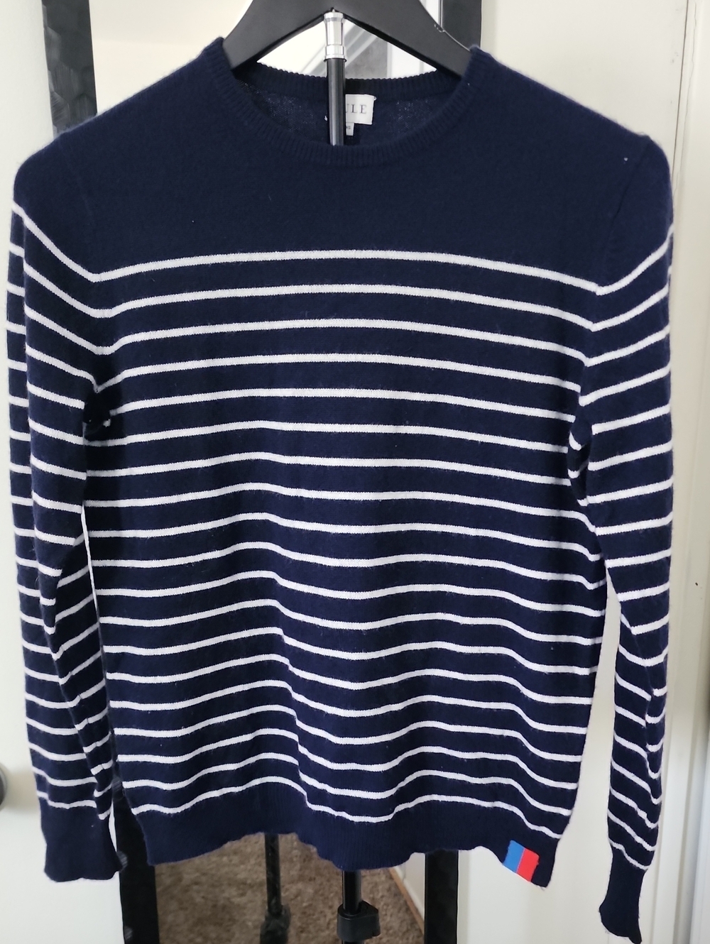 KULE Cashmere Navy and White Striped Crewneck Sweater